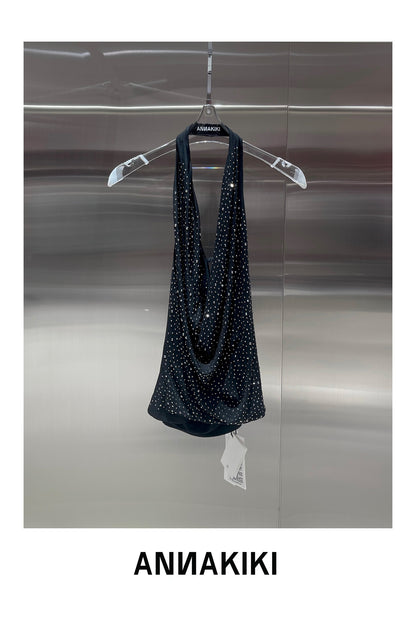 Hot stamping mesh swinging collar pleated top