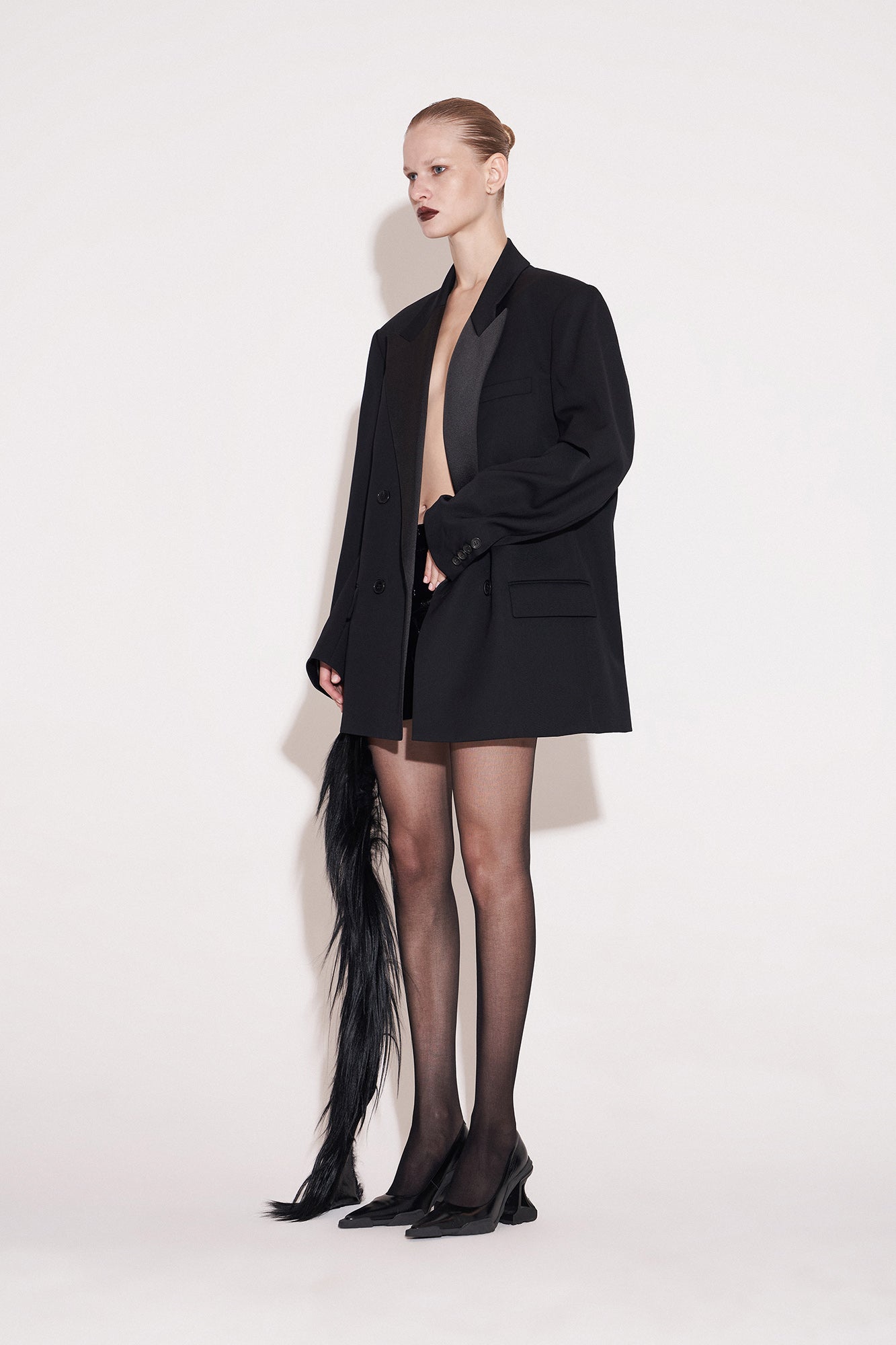 Acetate-Wool Contrast Collar Oversized Blazer