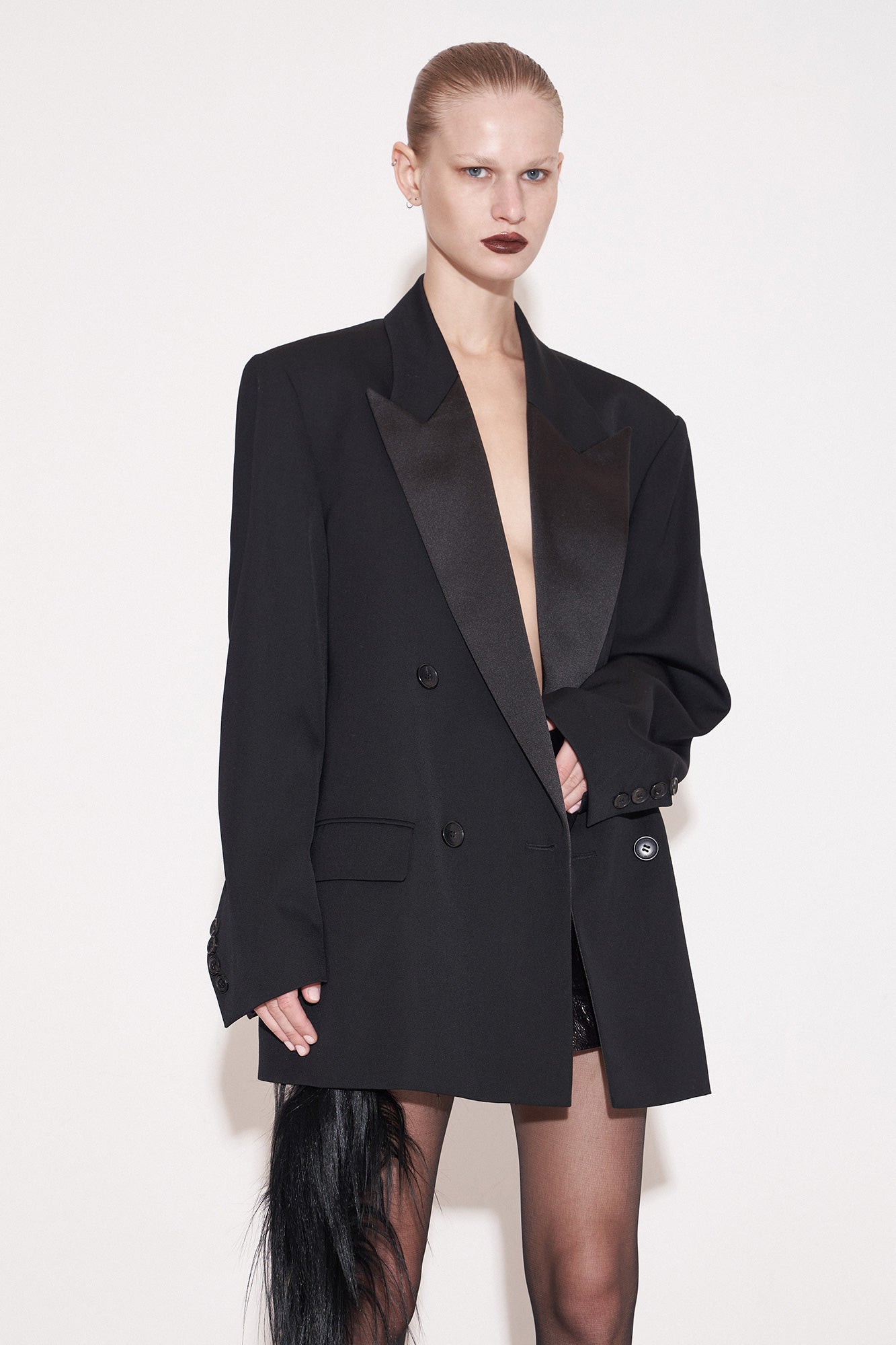 Acetate-Wool Contrast Collar Oversized Blazer