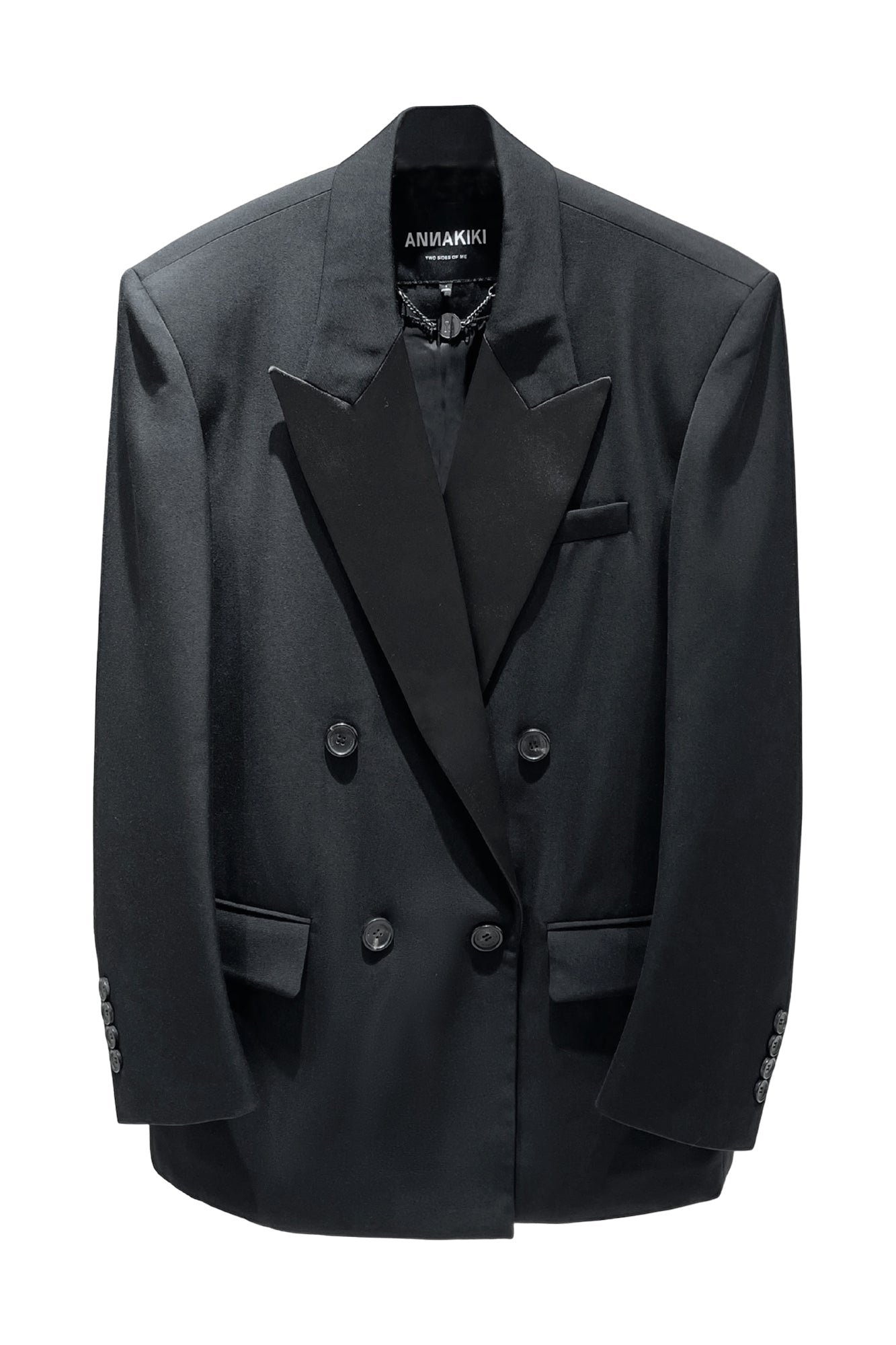 Acetate-Wool Contrast Collar Oversized Blazer