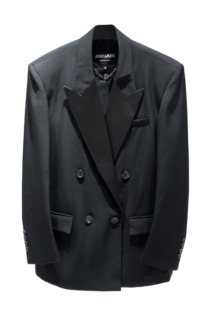 Acetate-Wool Contrast Collar Oversized Blazer