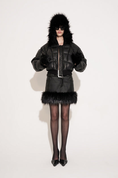 Leather quilted goose down jacket with wavy sleeves