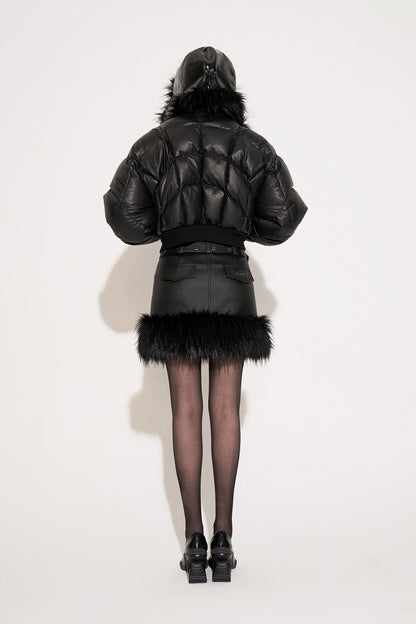 Leather quilted goose down jacket with wavy sleeves