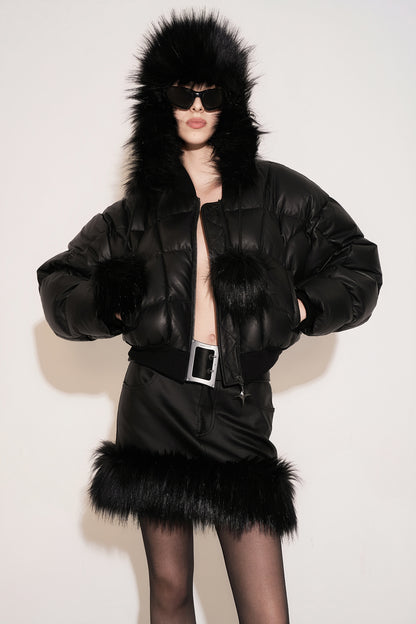 Leather quilted goose down jacket with wavy sleeves