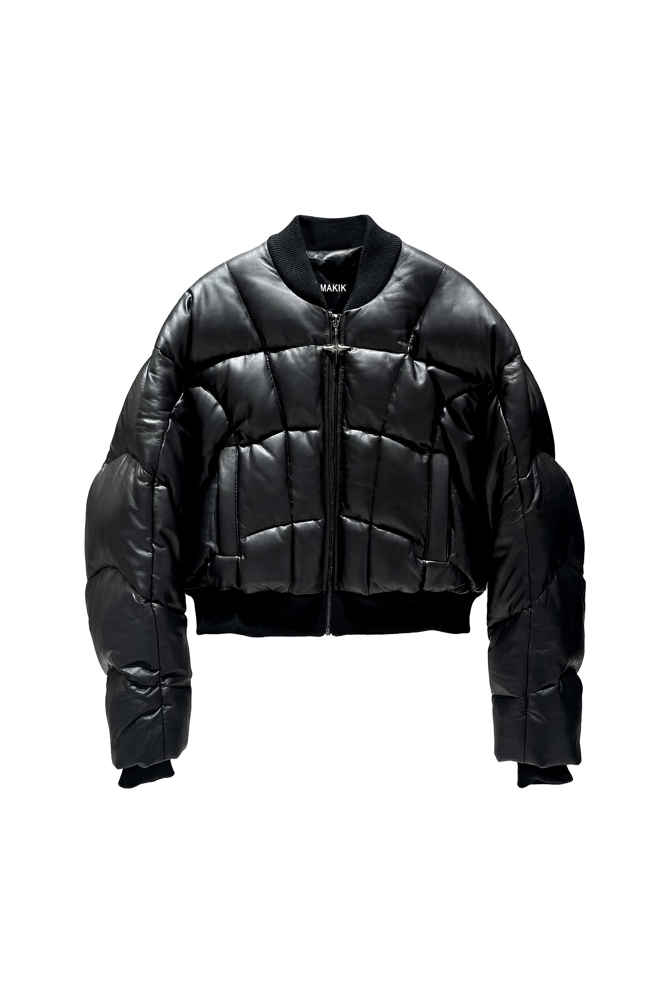 Leather quilted goose down jacket with wavy sleeves