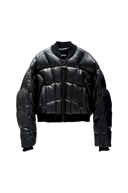 Leather quilted goose down jacket with wavy sleeves