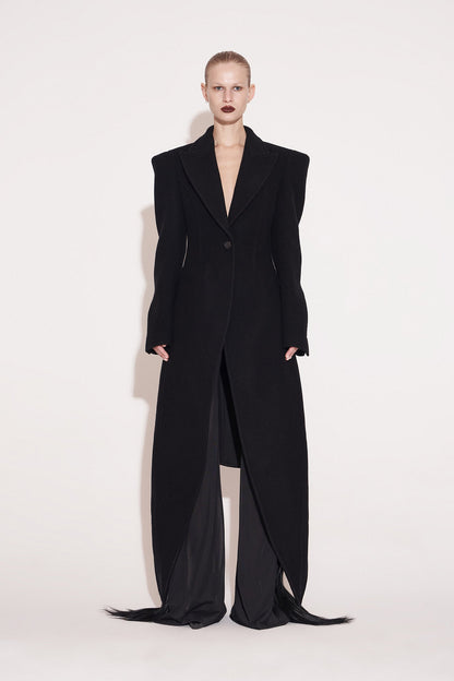 Wool coat with wide shoulders and swallowtail hem
