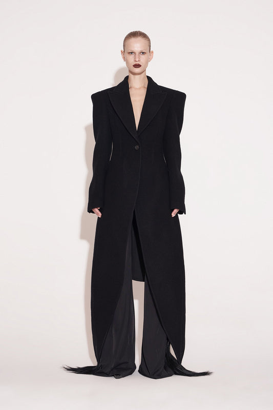 Wool coat with wide shoulders and swallowtail hem