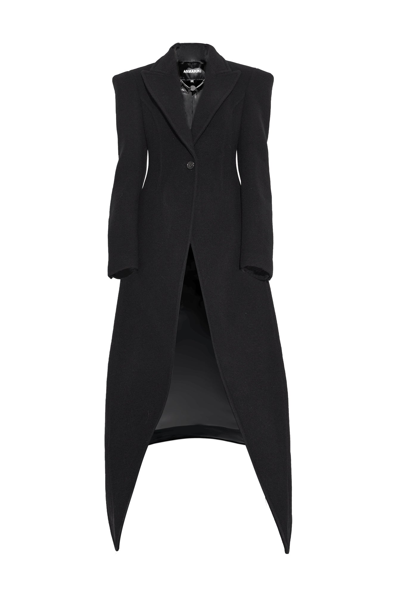 Wool coat with wide shoulders and swallowtail hem