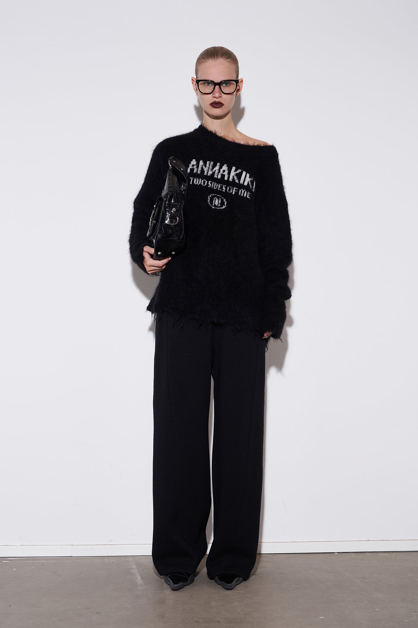 Camel wool slanted shoulder logo jacquard sweater