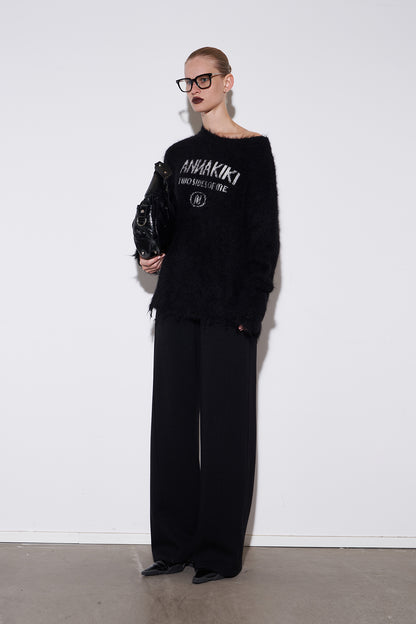 Camel wool slanted shoulder logo jacquard sweater