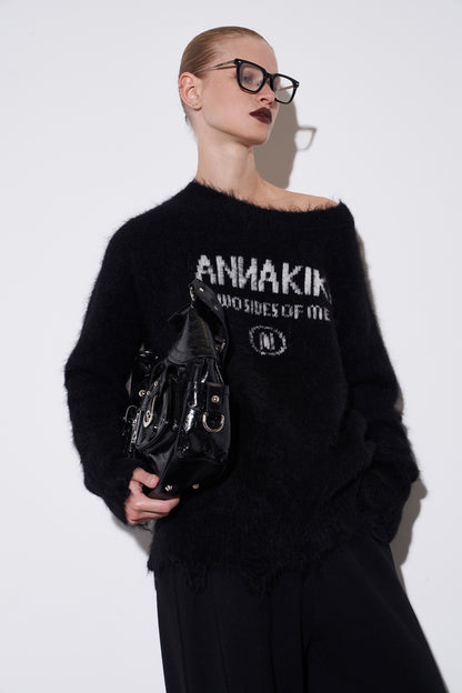 Camel wool slanted shoulder logo jacquard sweater