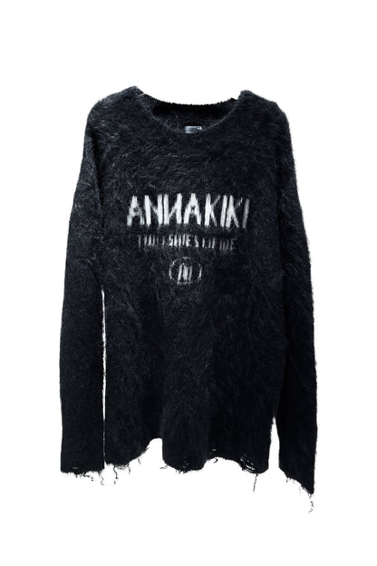 Camel wool slanted shoulder logo jacquard sweater