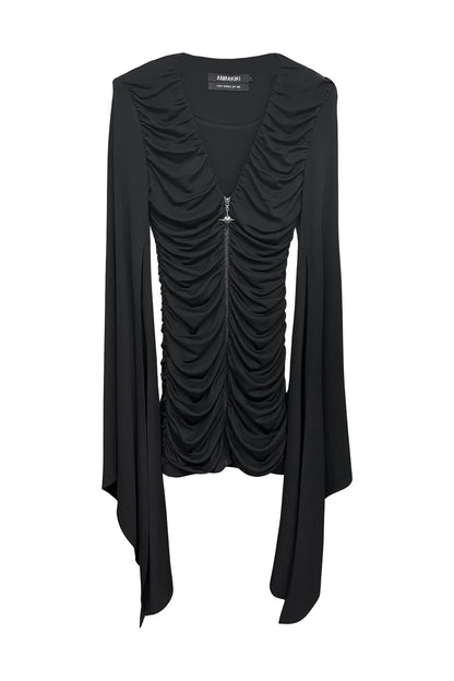 Acetate patch V-neck pinched dress