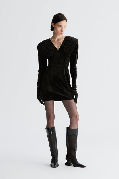 Acetic acid V-neck wide-shoulder pleated glove dress