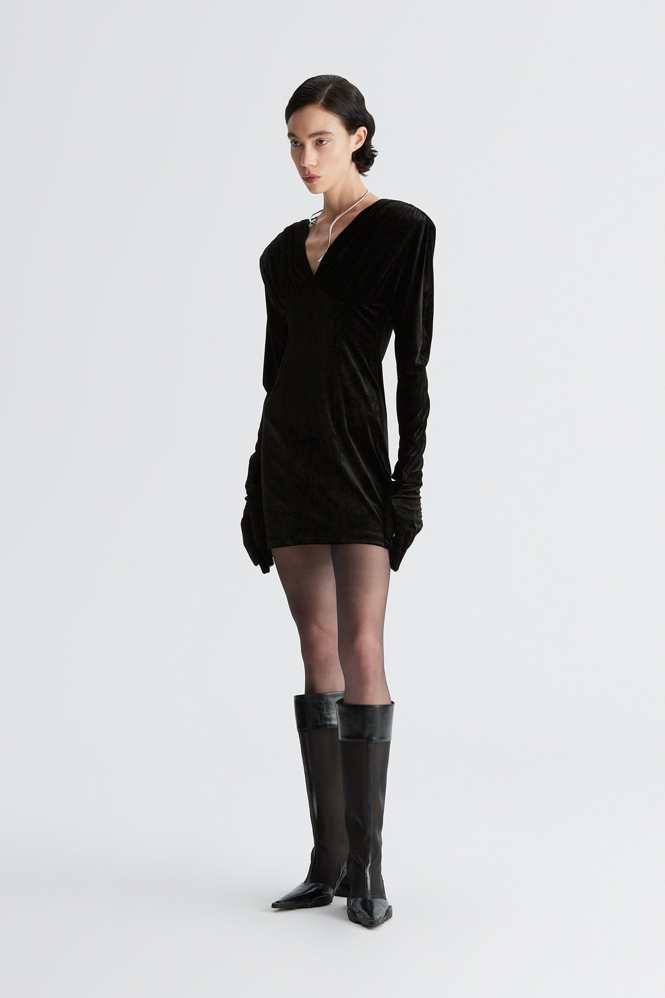 Acetic acid V-neck wide-shoulder pleated glove dress