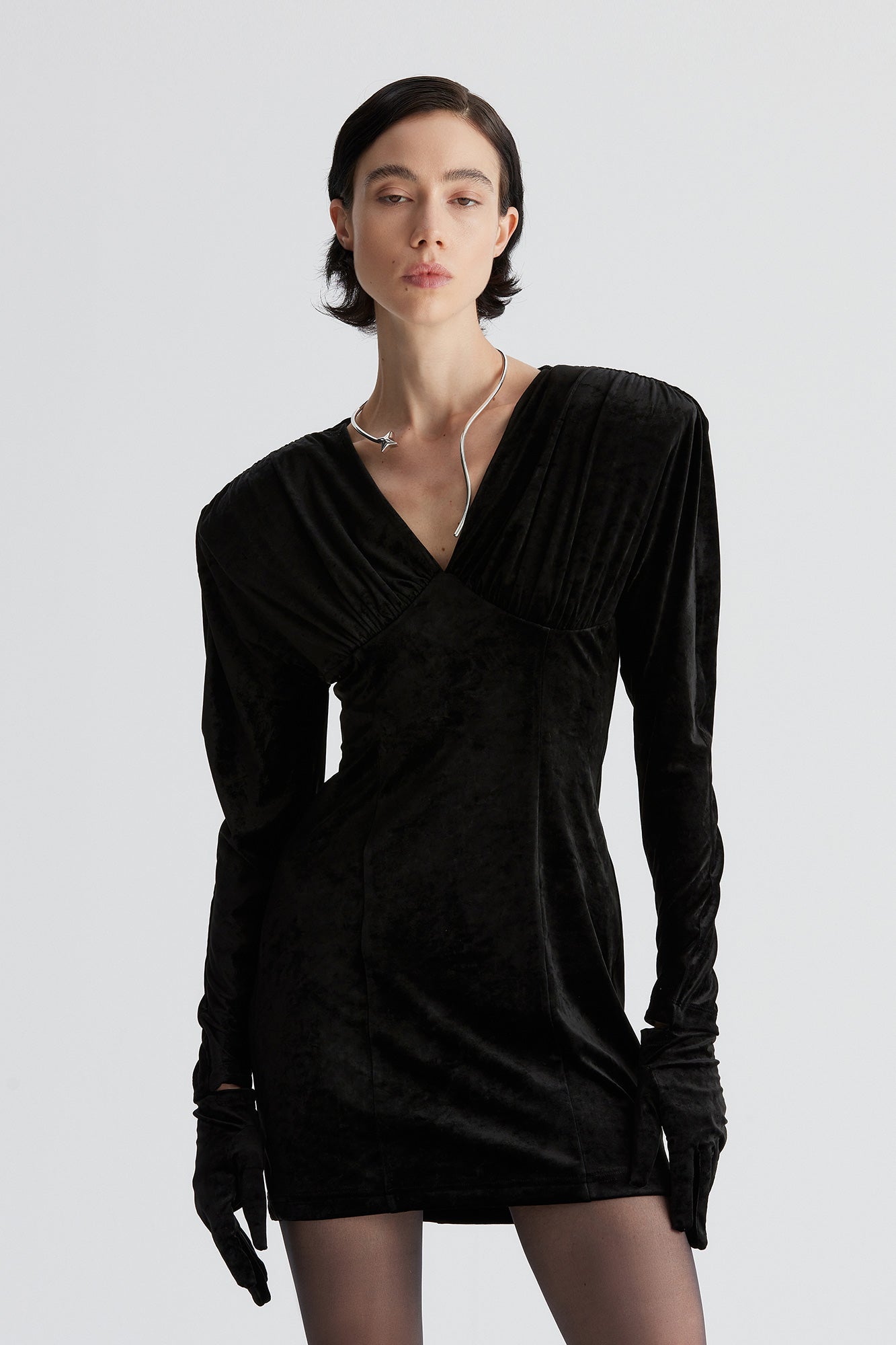 Acetic acid V-neck wide-shoulder pleated glove dress