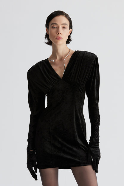 Acetic acid V-neck wide-shoulder pleated glove dress