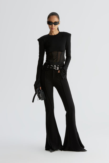 Acetate wool functional buckle straight leg pants