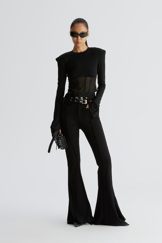 Acetate wool functional buckle straight leg pants