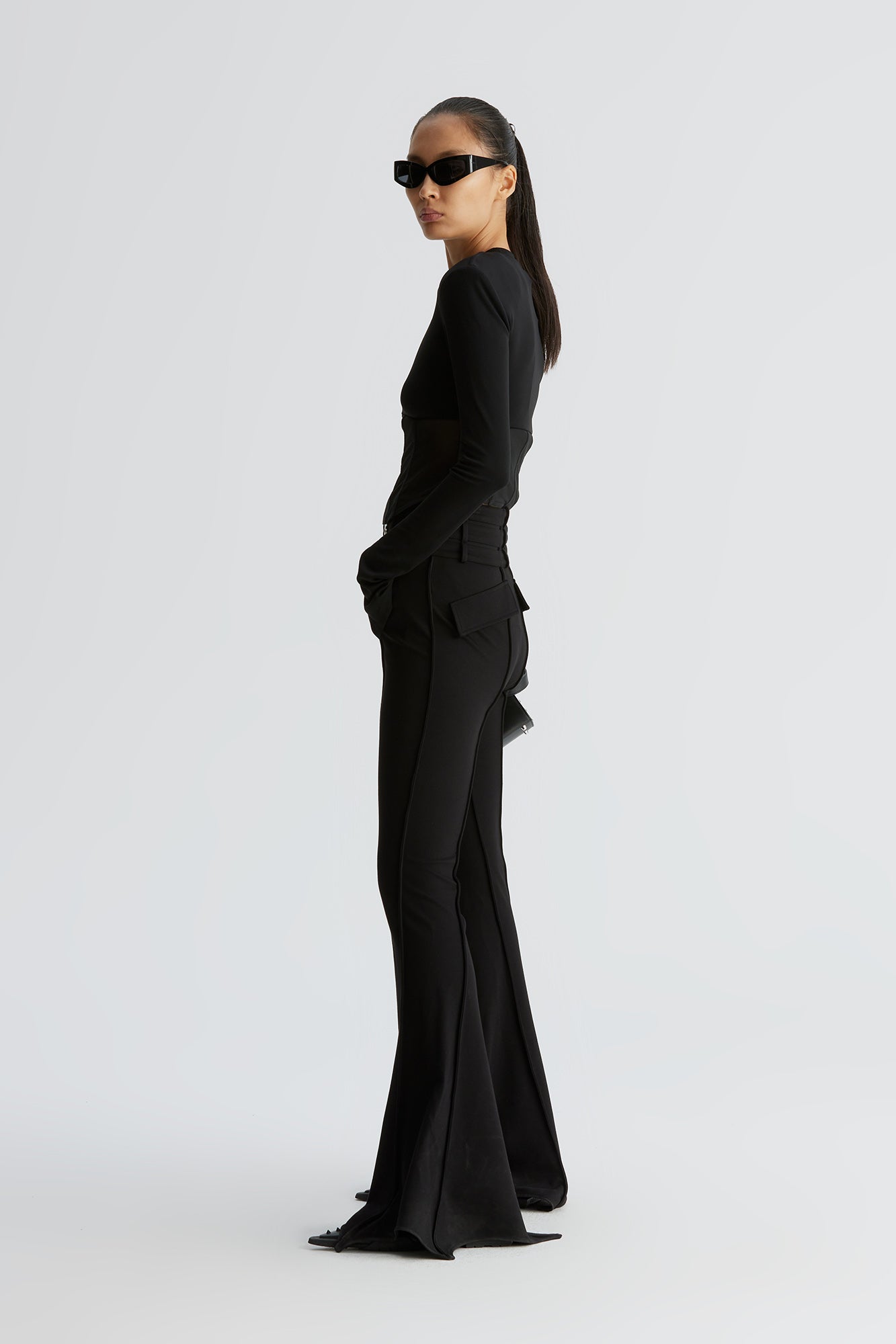 Acetate wool functional buckle straight leg pants