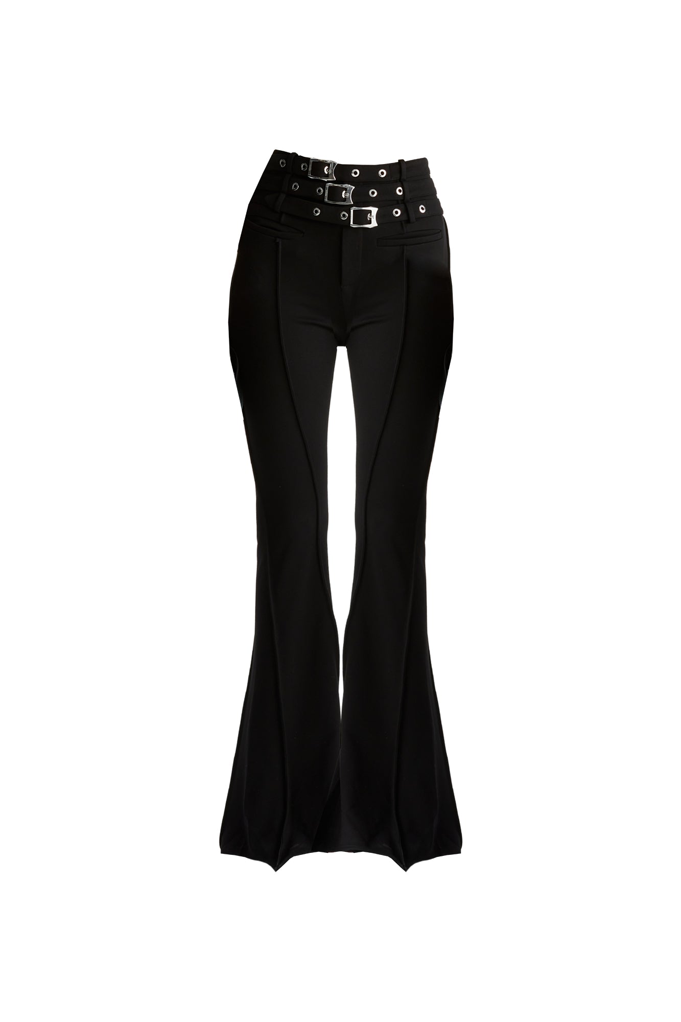 Acetate wool functional buckle straight leg pants