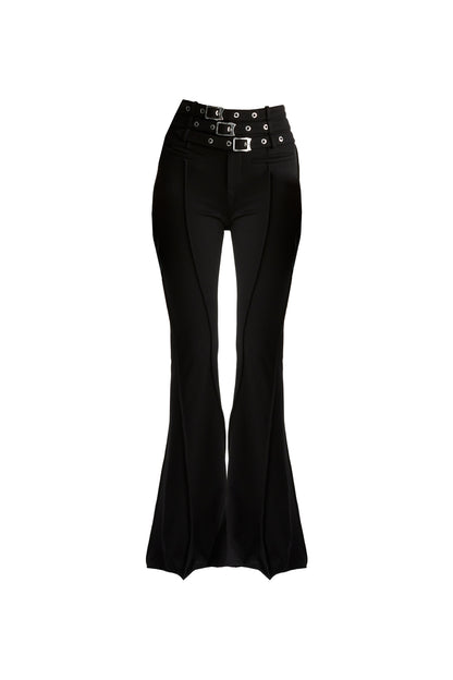 Acetate wool functional buckle straight leg pants