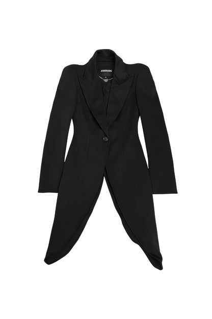 A round-shouldered suit with a swallow-tail hem