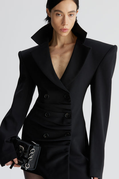 Acetic acid wide-shoulder cinched waist suit dress